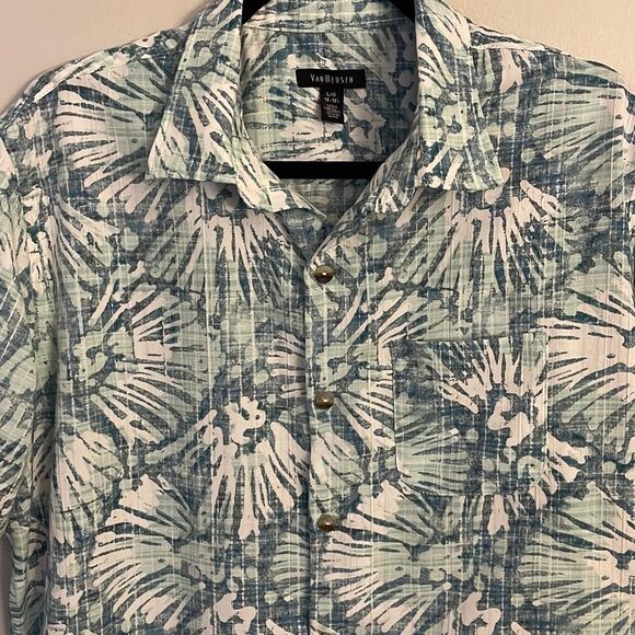 Men’s Van Heusen Large Short Sleeve Collared Button Up Blue Green Abstract Print - Picture 2 of 8